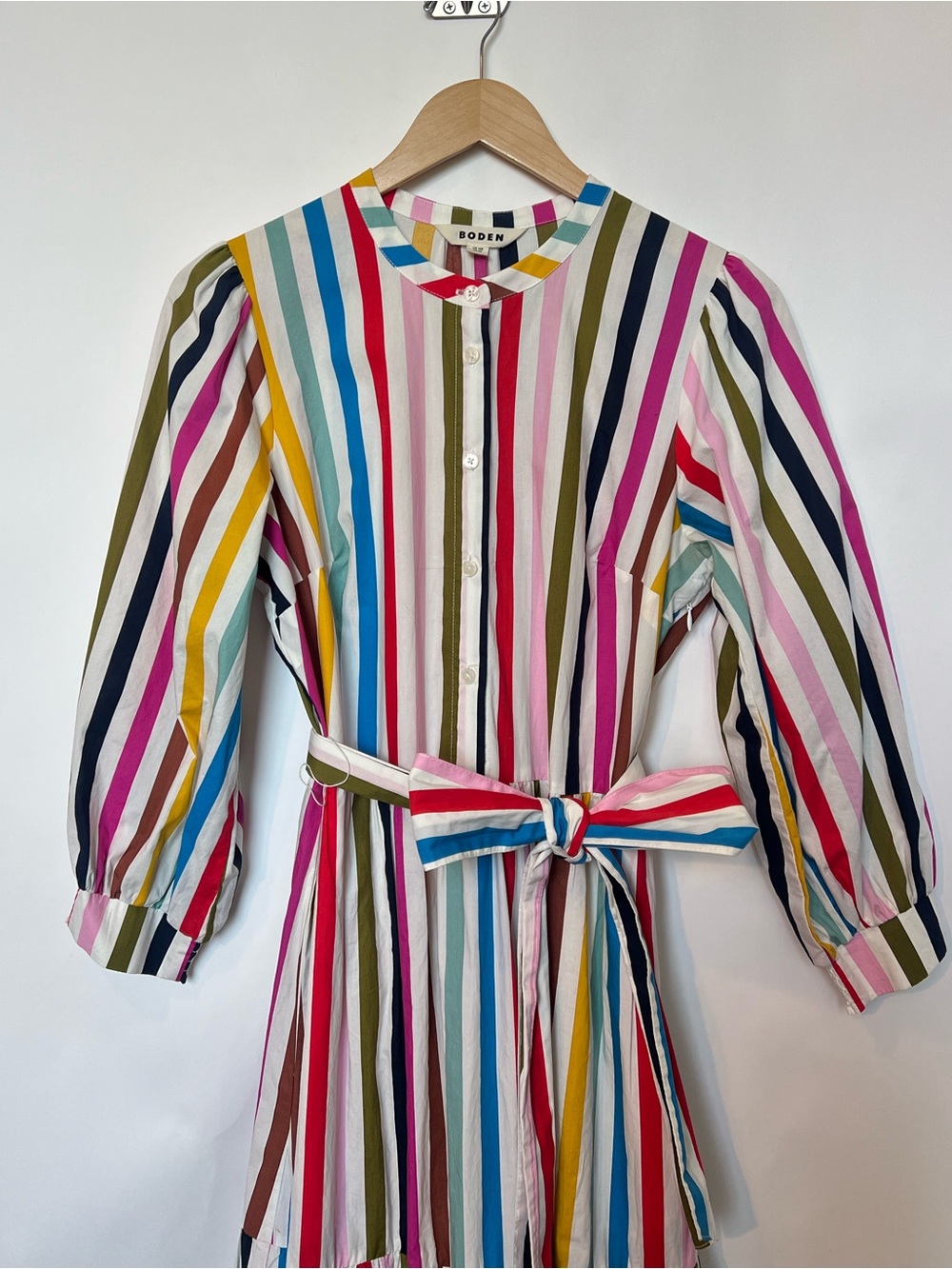 Boden Alba Rainbow Stripe Cotton Tiered Maxi Dress Belted Vertical Stripe US8 - Picture 3 of 16